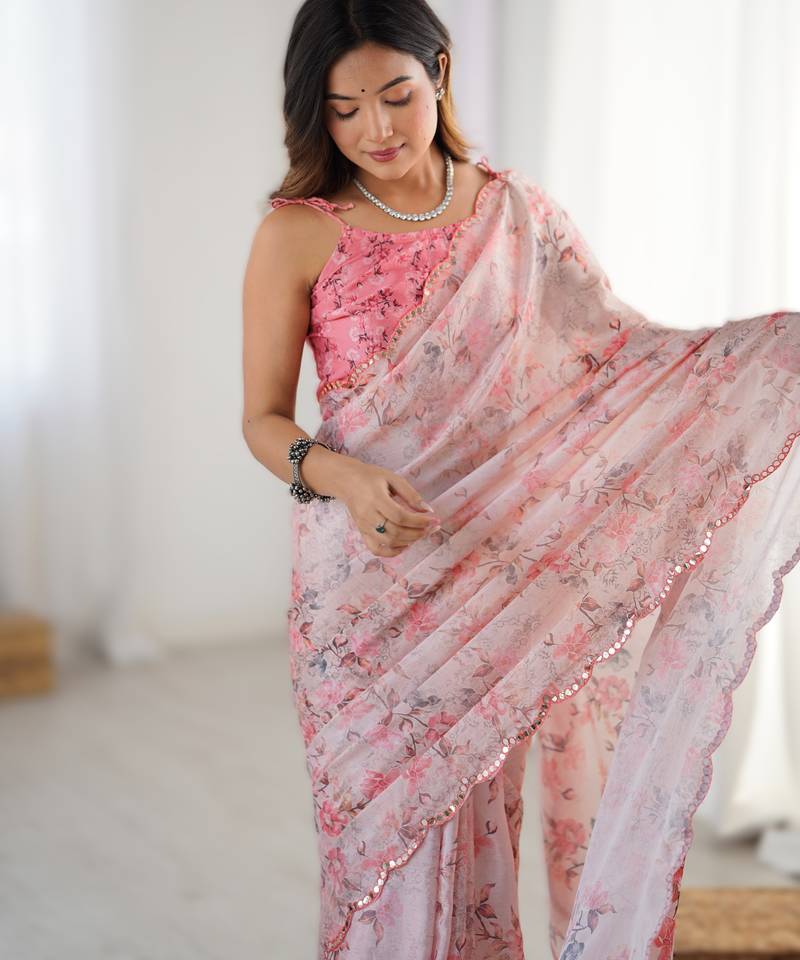 Light pink heavy chinon printed saree with pape mirror work & mirror border | designer party & wedding wear saree