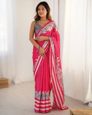 Pink chinon printed saree with pape mirror work & mirror border | party & wedding wear saree 1