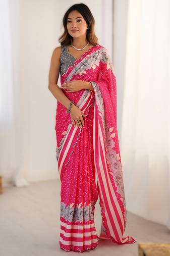 Pink heavy chinon printed saree with pape mirror work & mirror border | designer party & wedding wear saree