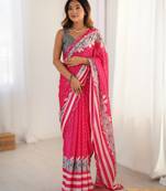 Pink heavy chinon printed saree with pape mirror work & mirror border | designer party & wedding wear saree