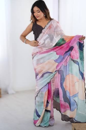 Multicolor heavy chinon printed saree with pape mirror work & mirror border | designer party & wedding wear saree