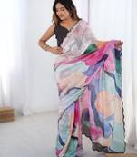 Multicolor heavy chinon printed saree with pape mirror work & mirror border | designer party & wedding wear saree