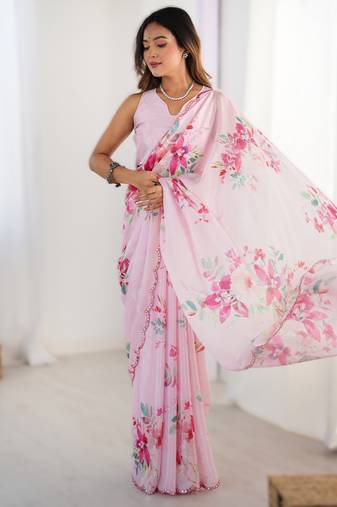 Light pink heavy chinon printed saree with pape mirror work & mirror border | designer party & wedding wear saree