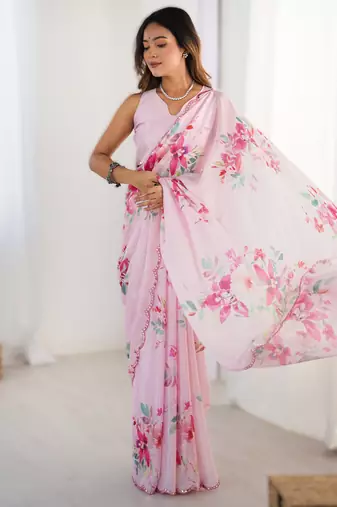 Light pink heavy chinon printed saree with pape mirror work & mirror border | designer party & wedding wear saree