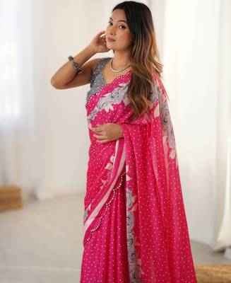 Pink chinon printed saree with pape mirror work & mirror border | party & wedding wear saree 3