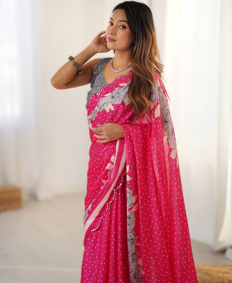 Pink heavy chinon printed saree with pape mirror work & mirror border | designer party & wedding wear saree