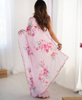 Light pink chinon printed saree with pape mirror work & mirror border | party & wedding wear saree 2
