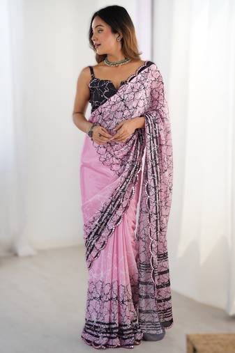 Onion pink heavy chinon printed saree with pape mirror work & mirror border | designer party & wedding wear saree