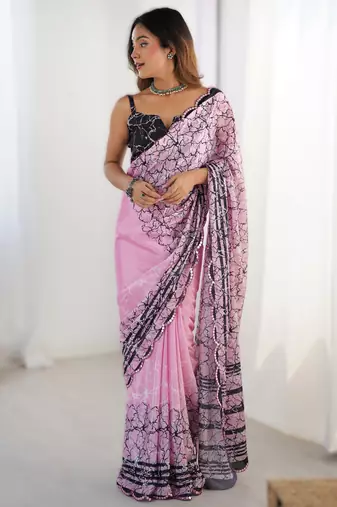 Onion pink heavy chinon printed saree with pape mirror work & mirror border | designer party & wedding wear saree