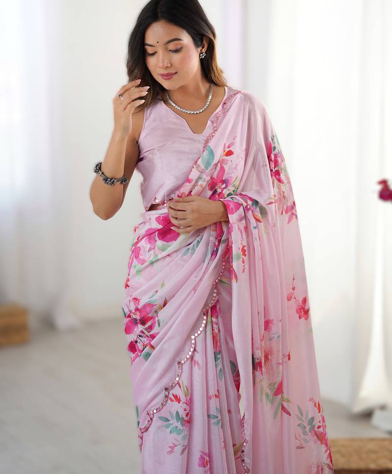 Light pink heavy chinon printed saree with pape mirror work & mirror border | designer party & wedding wear saree