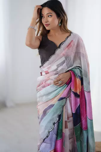 Multicolor chinon printed saree with pape mirror work & mirror border | party & wedding wear saree