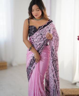 Onion pink chinon printed saree with pape mirror work & mirror border | party & wedding wear saree 3