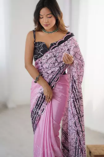 Onion pink chinon printed saree with pape mirror work & mirror border | party & wedding wear saree