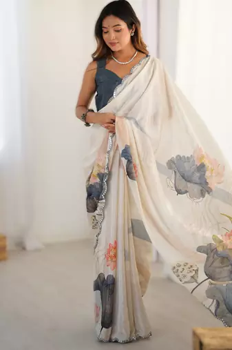 Off white heavy chinon printed saree with pape mirror work & mirror border | designer party & wedding wear saree