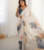 Off white heavy chinon printed saree with pape mirror work & mirror border | designer party & wedding wear saree