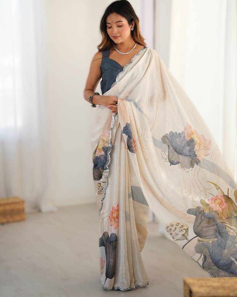 Off white heavy chinon printed saree with pape mirror work & mirror border | designer party & wedding wear saree