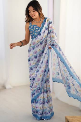 Light blue heavy chinon printed saree with pape mirror work & mirror border | designer party & wedding wear saree