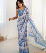 Light blue heavy chinon printed saree with pape mirror work & mirror border | designer party & wedding wear saree