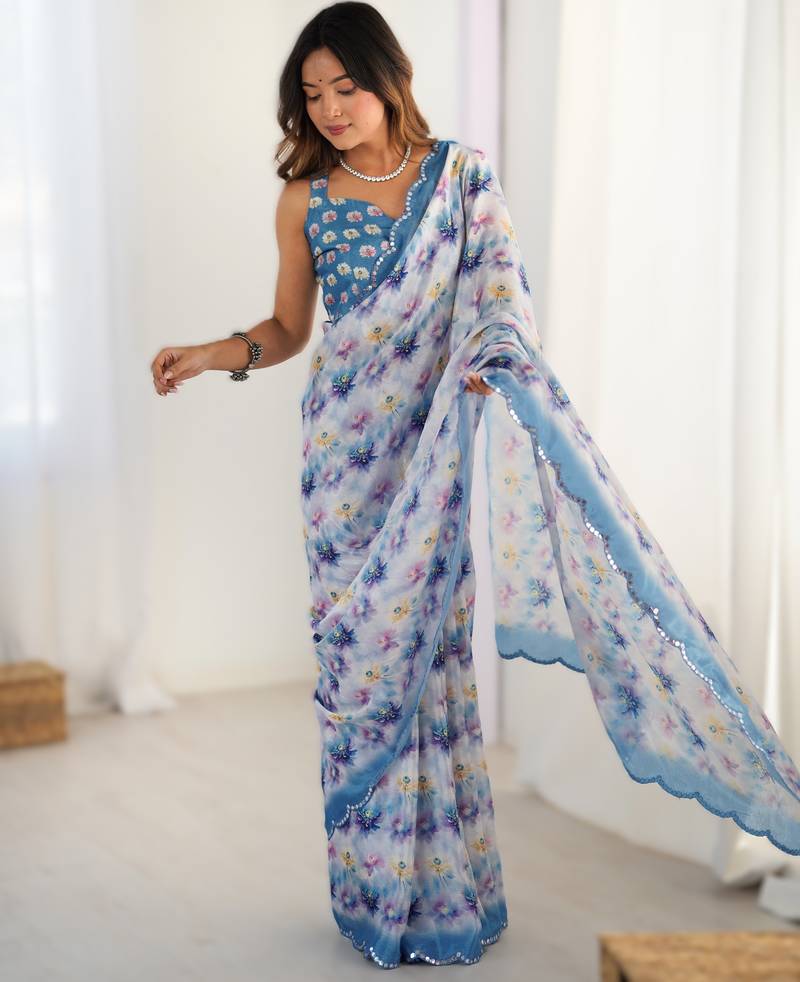Light blue heavy chinon printed saree with pape mirror work & mirror border | designer party & wedding wear saree