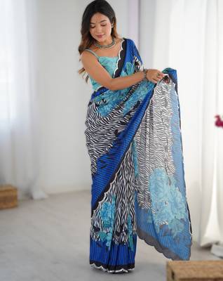 Royal blue chinon printed saree with pape mirror work & mirror border | party & wedding wear saree 1