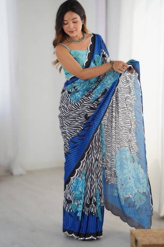 Royal blue heavy chinon printed saree with pape mirror work & mirror border | designer party & wedding wear saree