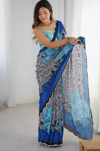 Royal blue heavy chinon printed saree with pape mirror work & mirror border | designer party & wedding wear saree