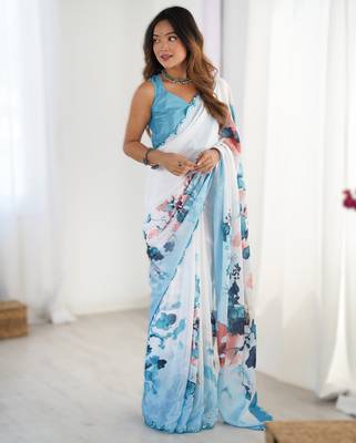 Sky blue chinon printed saree with pape mirror work & mirror border | party & wedding wear saree 1