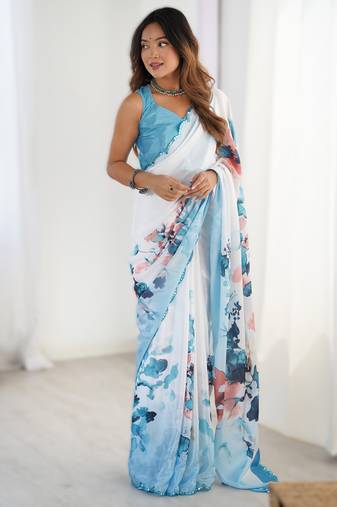 Sky blue heavy chinon printed saree with pape mirror work & mirror border | designer party & wedding wear saree