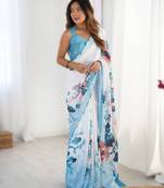 Sky blue heavy chinon printed saree with pape mirror work & mirror border | designer party & wedding wear saree