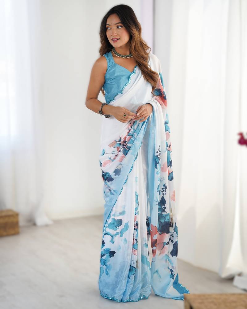 Sky blue heavy chinon printed saree with pape mirror work & mirror border | designer party & wedding wear saree