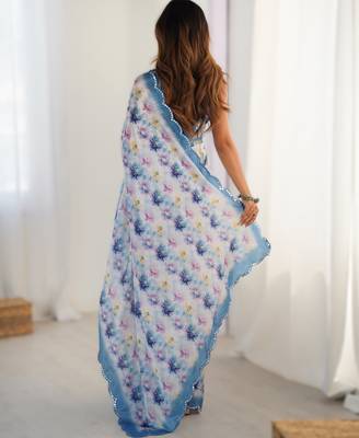 Light blue chinon printed saree with pape mirror work & mirror border | party & wedding wear saree 2