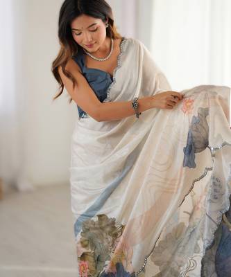 Off white chinon printed saree with pape mirror work & mirror border | party & wedding wear saree 3