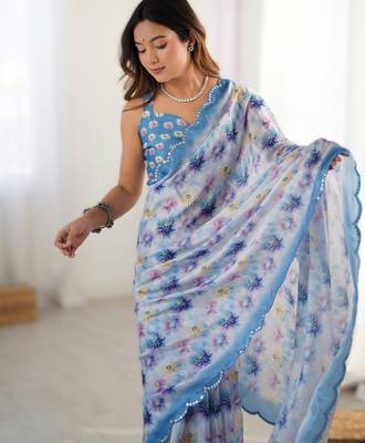 Light blue chinon printed saree with pape mirror work & mirror border | party & wedding wear saree 3