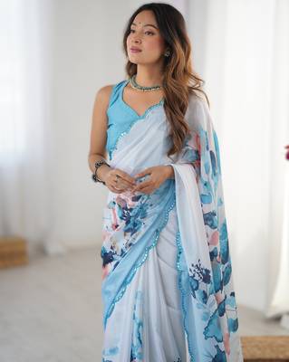Sky blue chinon printed saree with pape mirror work & mirror border | party & wedding wear saree 3