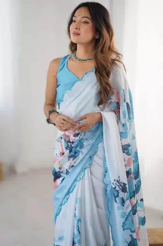 Sky blue chinon printed saree with pape mirror work & mirror border | party & wedding wear saree