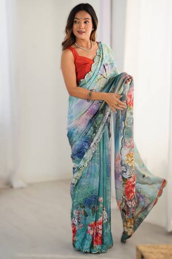 Blue heavy chinon printed saree with pape mirror work & mirror border | designer party & wedding wear saree