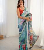 Blue heavy chinon printed saree with pape mirror work & mirror border | designer party & wedding wear saree