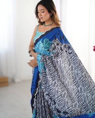 Royal blue chinon printed saree with pape mirror work & mirror border | party & wedding wear saree 3