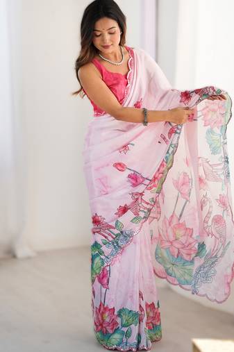Light pink heavy chinon printed saree with pape mirror work & mirror border | designer party & wedding wear saree