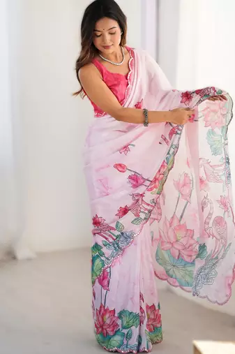 Light pink heavy chinon printed saree with pape mirror work & mirror border | designer party & wedding wear saree