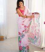 Light pink heavy chinon printed saree with pape mirror work & mirror border | designer party & wedding wear saree