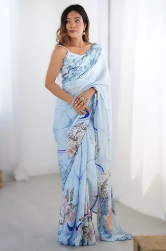 Light sky blue heavy chinon printed saree with pape mirror work & mirror border | designer party & wedding wear saree