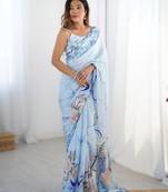 Light sky blue heavy chinon printed saree with pape mirror work & mirror border | designer party & wedding wear saree