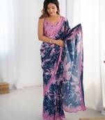 Navy blue heavy chinon printed saree with pape mirror work & mirror border | designer party & wedding wear saree