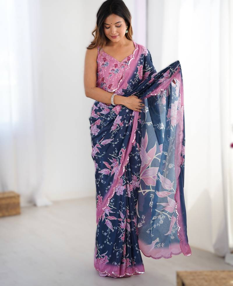 Navy blue heavy chinon printed saree with pape mirror work & mirror border | designer party & wedding wear saree