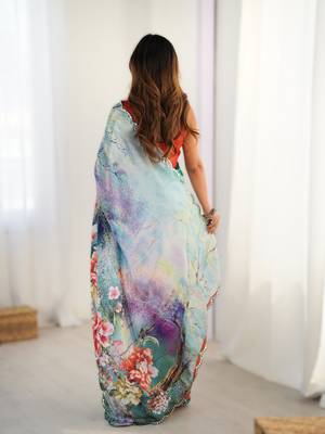 Blue chinon printed saree with pape mirror work & mirror border | party & wedding wear saree 2