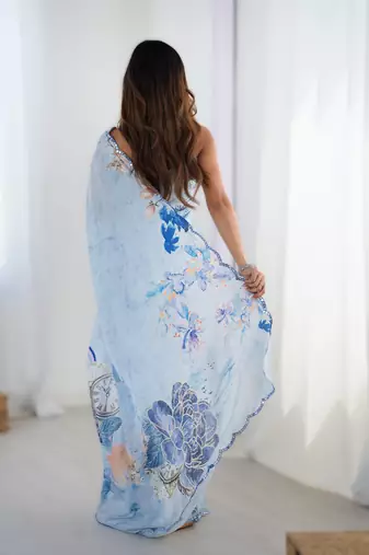 Light sky blue chinon printed saree with pape mirror work & mirror border | party & wedding wear saree