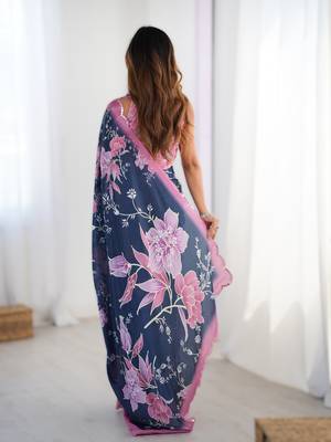 Navy blue chinon printed saree with pape mirror work & mirror border | party & wedding wear saree 2