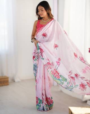 Light pink chinon printed saree with pape mirror work & mirror border | party & wedding wear saree 3