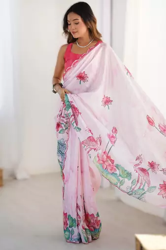 Light pink chinon printed saree with pape mirror work & mirror border | party & wedding wear saree